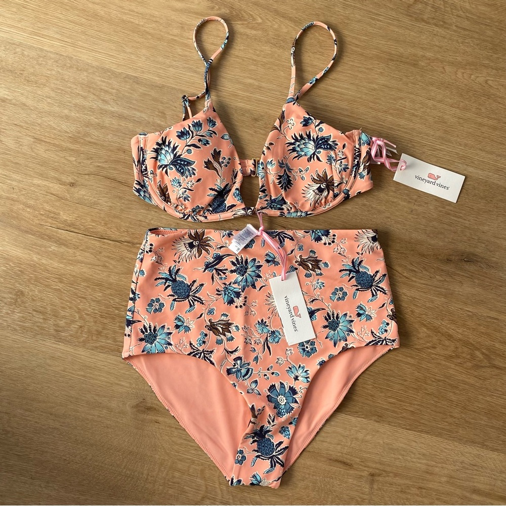 Vineyard Vines High Waisted Bikini Set NWT Peach Blue Floral Size S
